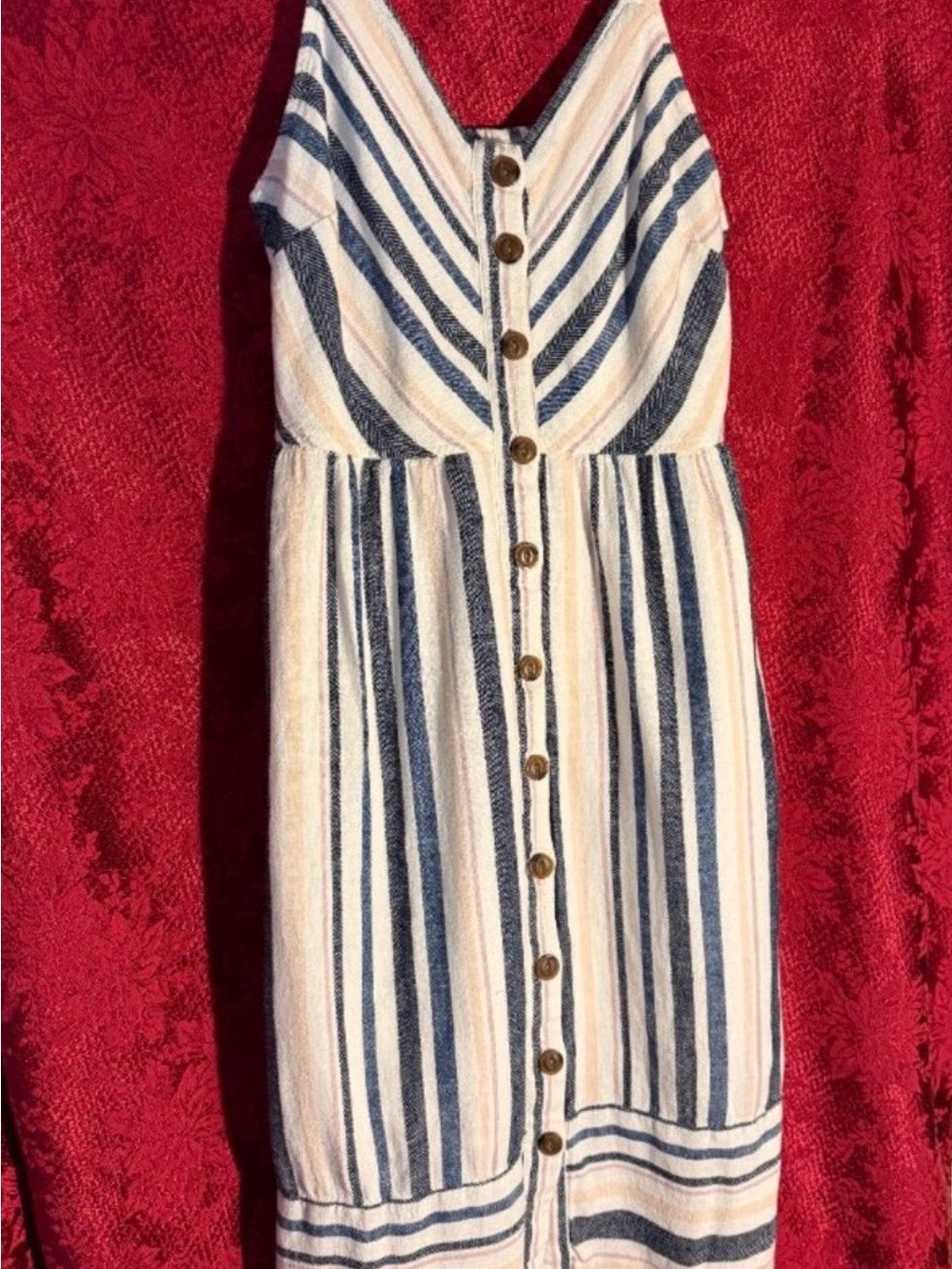 Universal Thread Blue Brown Cream Striped Button Down Midi Linen Blend Dress Med
